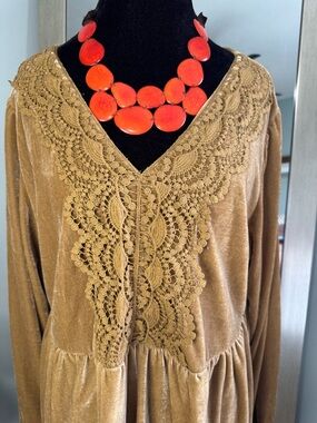 Women's Dress with Lace Trim in Camel